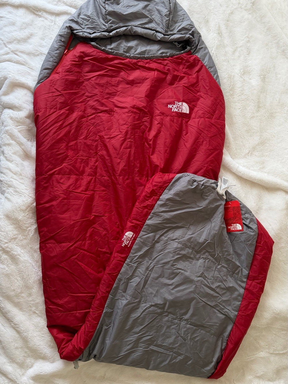 The North Face Red and Gray Heatseeker Eco Puffer Jacket Sleeping Bag Style